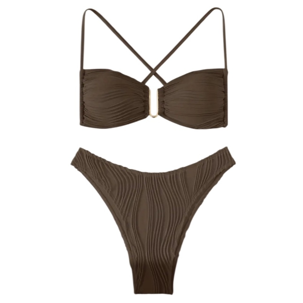 NEW Brown Textured Knit Brown Bikini Set Goldtone Hardware Strappy Stretch M